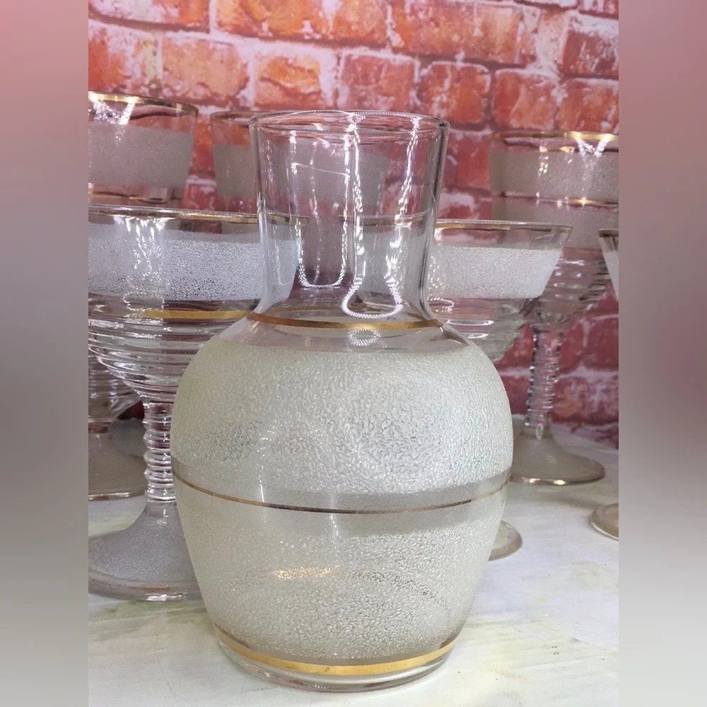Vintage MCM Federal Glass Frosted Gilt Gold Rimmed Nine Piece Bar Set